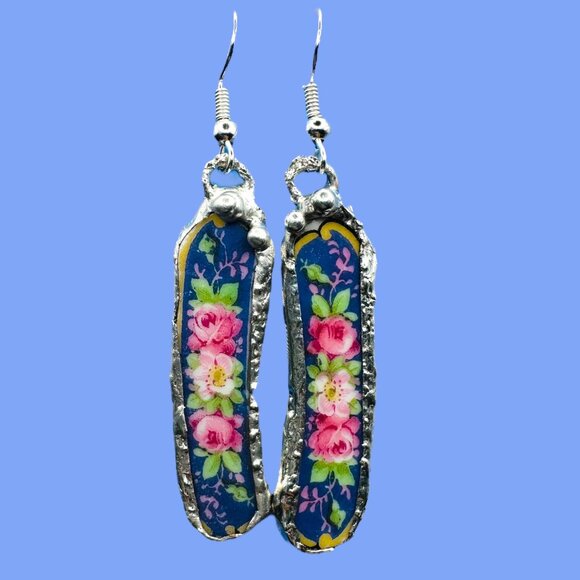 Broken China 925 Earrings From Rare Bavaria Tirschenreuth Franklin 4177 Plate - Picture 13 of 16